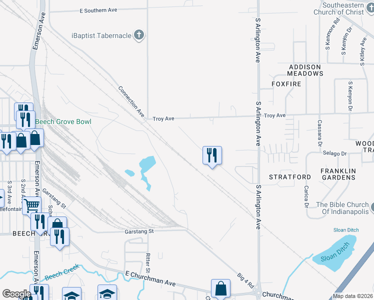map of restaurants, bars, coffee shops, grocery stores, and more near 3320 South Arlington Avenue in Indianapolis