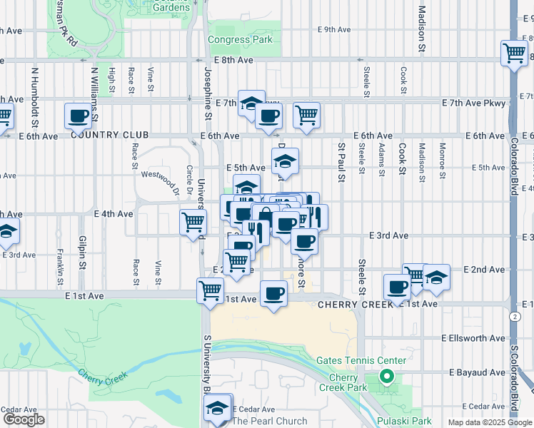 map of restaurants, bars, coffee shops, grocery stores, and more near 329 Detroit Street in Denver