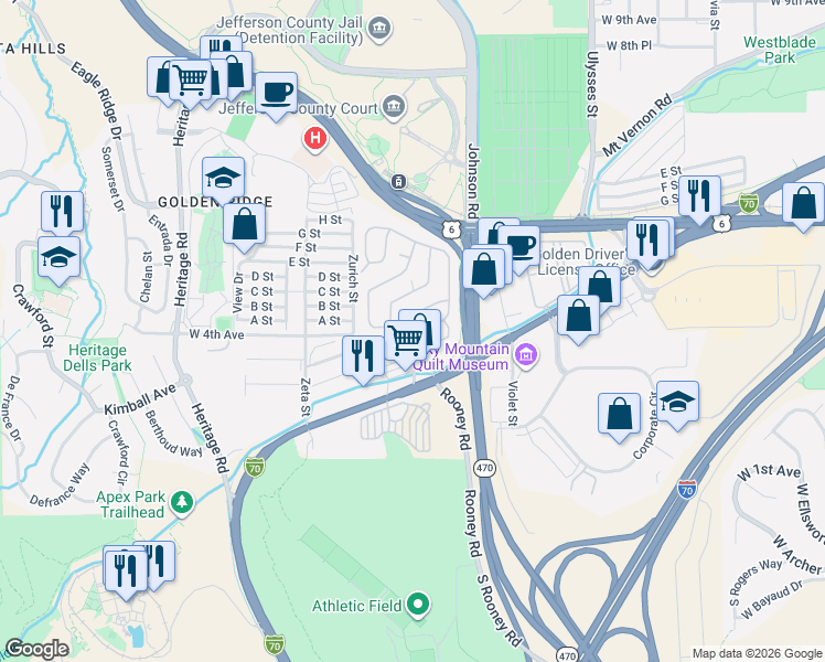 map of restaurants, bars, coffee shops, grocery stores, and more near 177 Mesa Verde Street in Golden