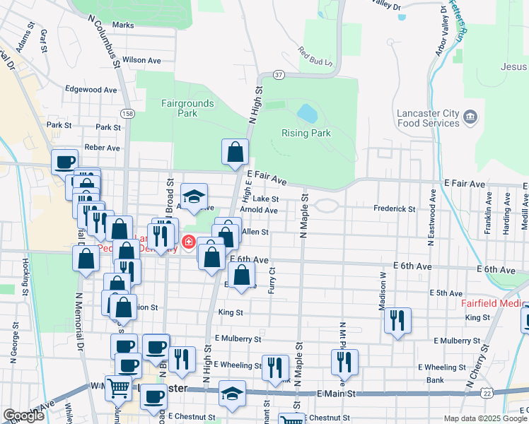 map of restaurants, bars, coffee shops, grocery stores, and more near 315 East Allen Street in Lancaster