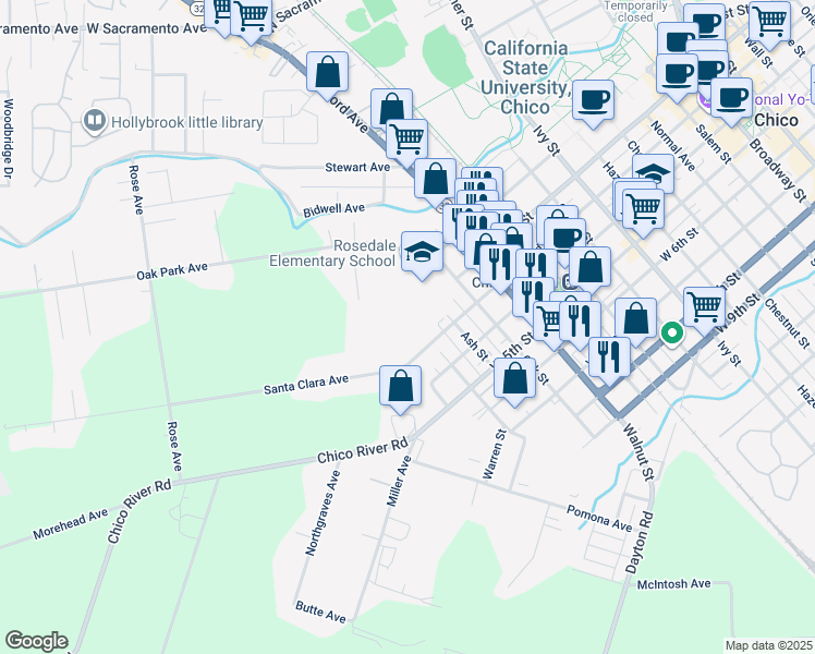 map of restaurants, bars, coffee shops, grocery stores, and more near 1400 West 3rd Street in Chico