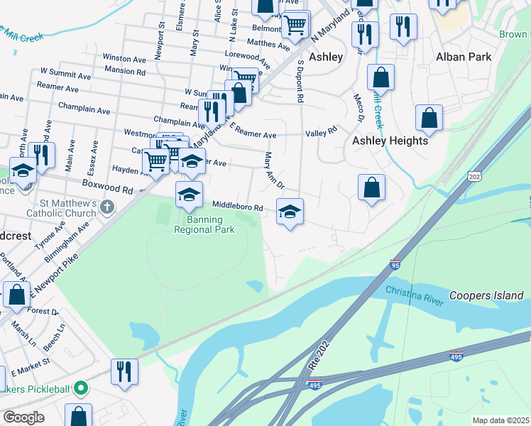 map of restaurants, bars, coffee shops, grocery stores, and more near 108 Middleboro Road in Wilmington