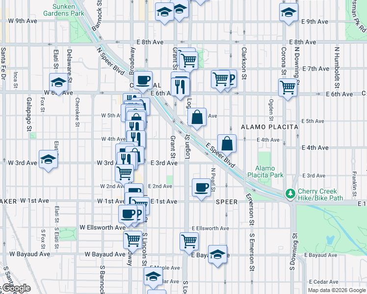 map of restaurants, bars, coffee shops, grocery stores, and more near 320 Grant Street in Denver