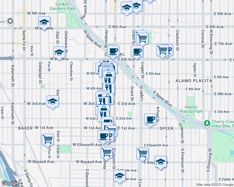 map of restaurants, bars, coffee shops, grocery stores, and more near 333 Lincoln Street in Denver
