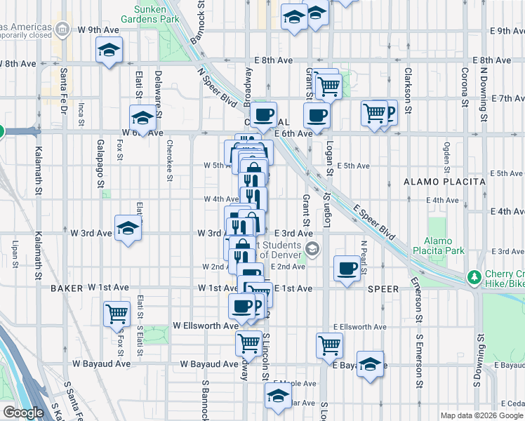 map of restaurants, bars, coffee shops, grocery stores, and more near 333 Lincoln Street in Denver