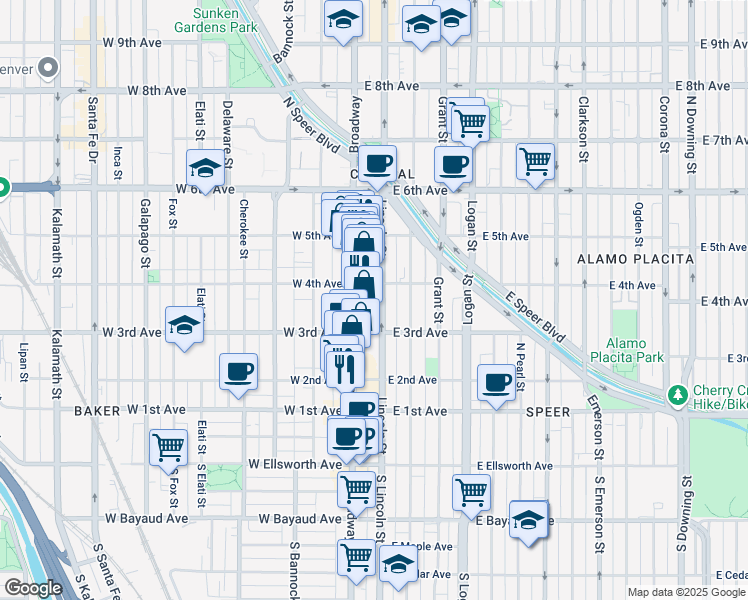 map of restaurants, bars, coffee shops, grocery stores, and more near 333 Lincoln Street in Denver