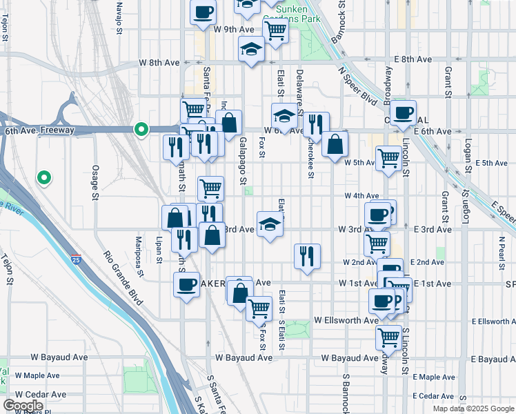 map of restaurants, bars, coffee shops, grocery stores, and more near 329 Fox Street in Denver