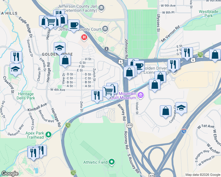 map of restaurants, bars, coffee shops, grocery stores, and more near 177 Mesa Verde Street in Golden