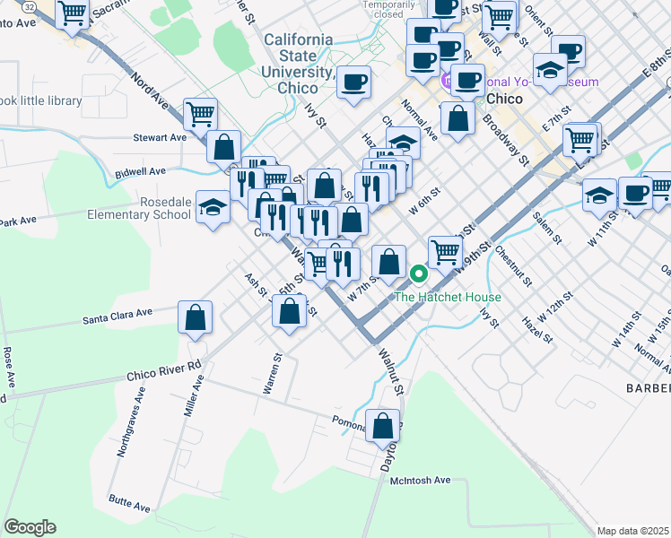 map of restaurants, bars, coffee shops, grocery stores, and more near 1046 West 6th Street in Chico