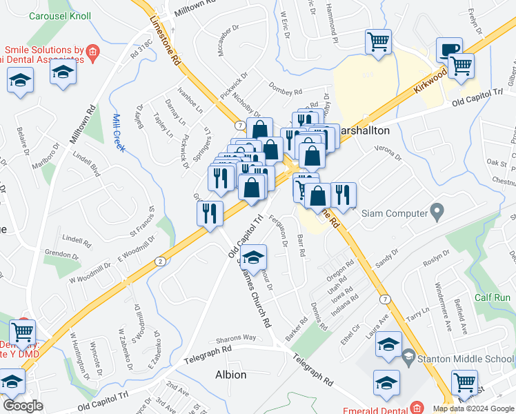 map of restaurants, bars, coffee shops, grocery stores, and more near 4800 Old Capitol Trail in Wilmington