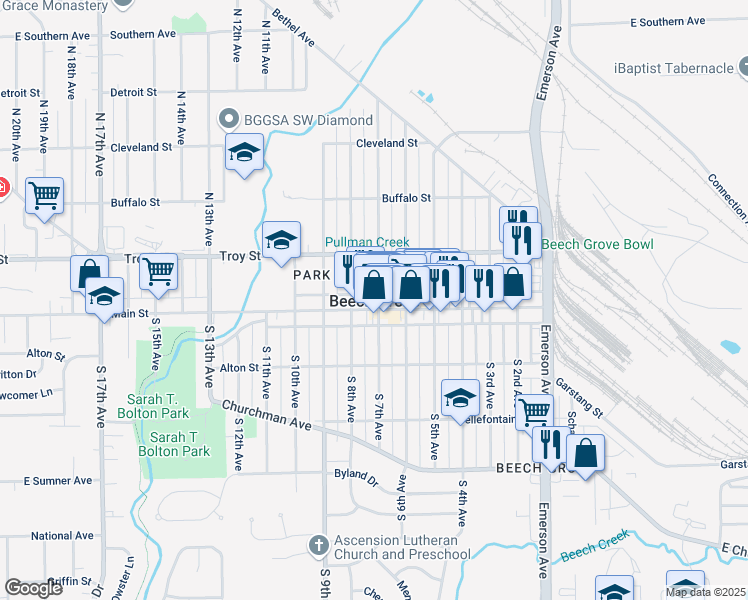 map of restaurants, bars, coffee shops, grocery stores, and more near in Beech Grove