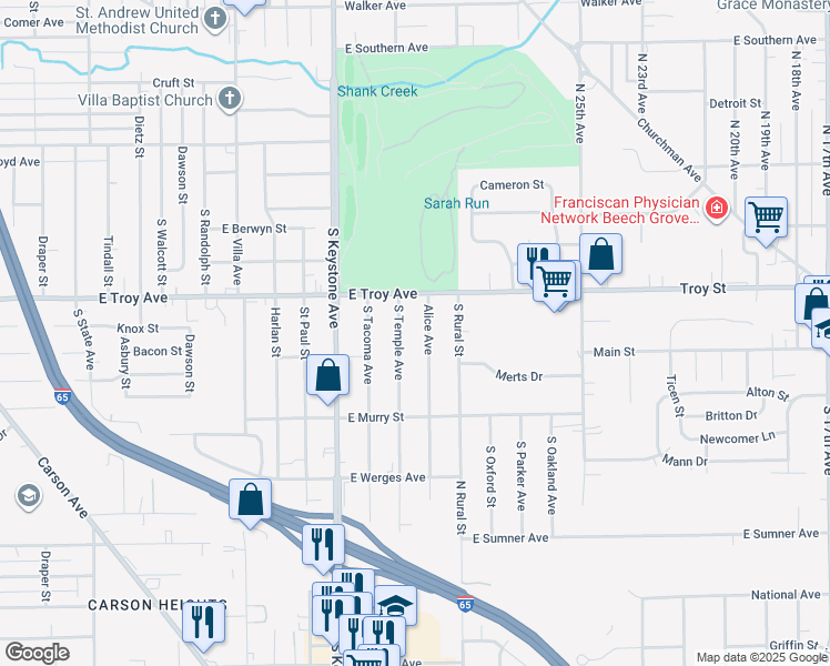 map of restaurants, bars, coffee shops, grocery stores, and more near 3024 Alice Avenue in Indianapolis