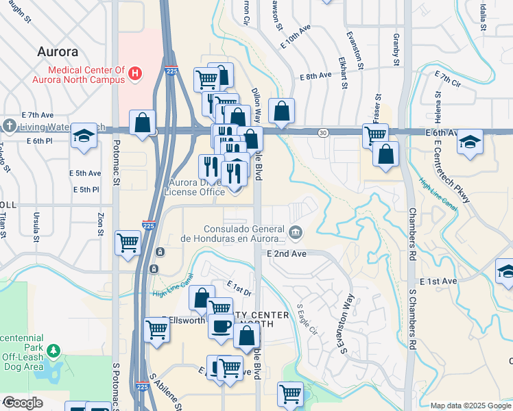 map of restaurants, bars, coffee shops, grocery stores, and more near N Sable Blvd in Aurora