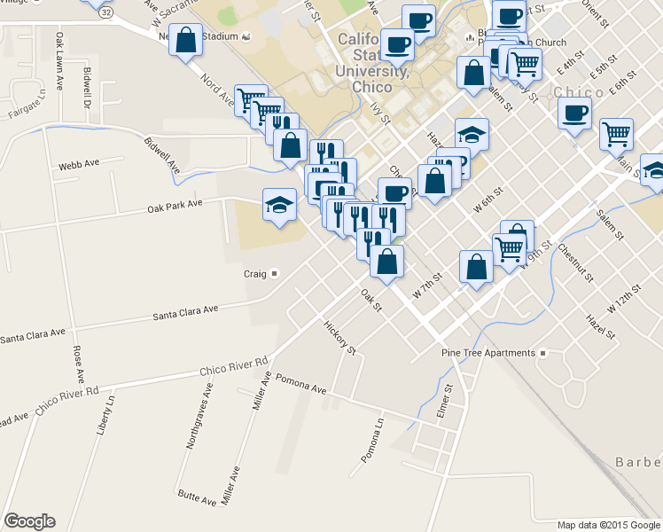 map of restaurants, bars, coffee shops, grocery stores, and more near 340 Oak Street in Chico