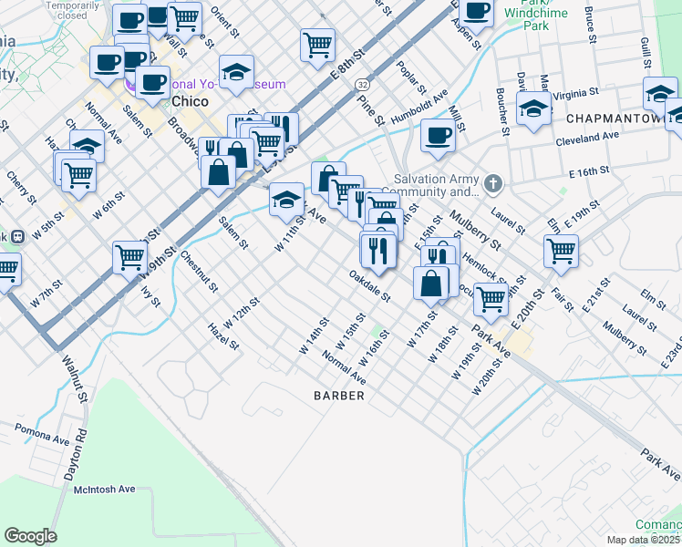 map of restaurants, bars, coffee shops, grocery stores, and more near 1306 Oakdale Street in Chico