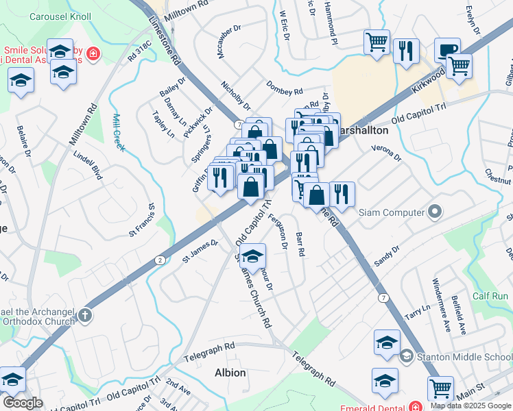 map of restaurants, bars, coffee shops, grocery stores, and more near 4708 Kirkwood Highway in Wilmington