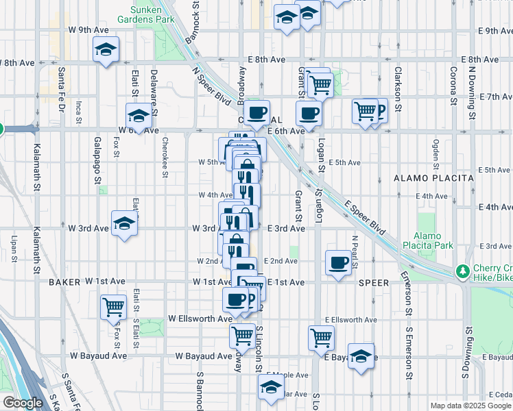 map of restaurants, bars, coffee shops, grocery stores, and more near 333 Lincoln Street in Denver