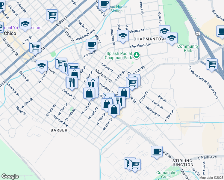 map of restaurants, bars, coffee shops, grocery stores, and more near 1805 Hemlock Street in Chico
