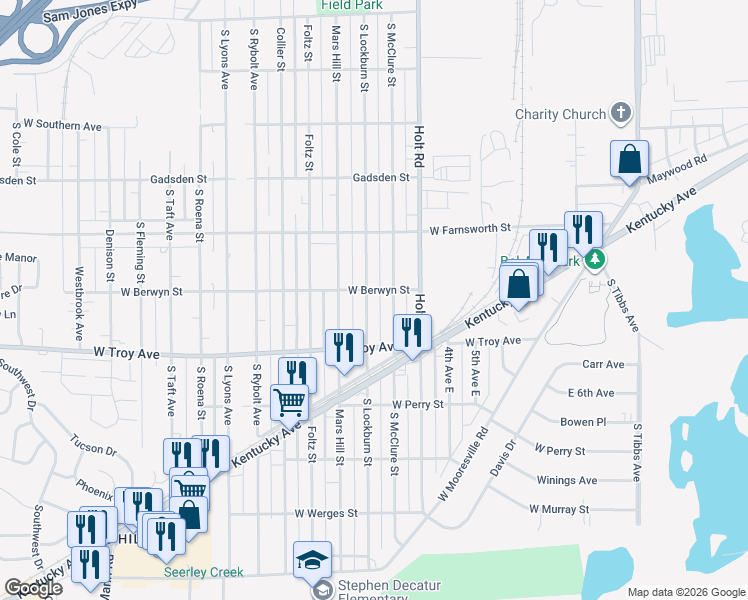 map of restaurants, bars, coffee shops, grocery stores, and more near 2932 South Lockburn Street in Indianapolis