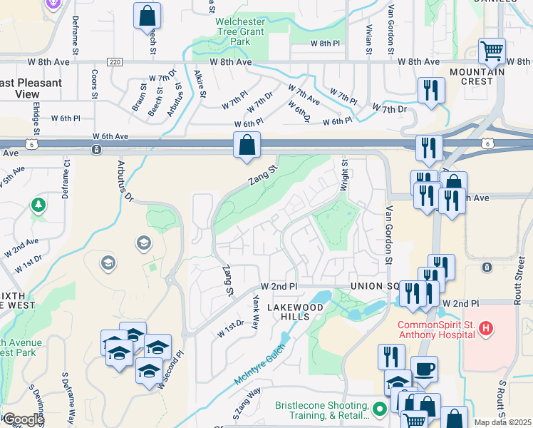map of restaurants, bars, coffee shops, grocery stores, and more near 431 Wright Street in Lakewood