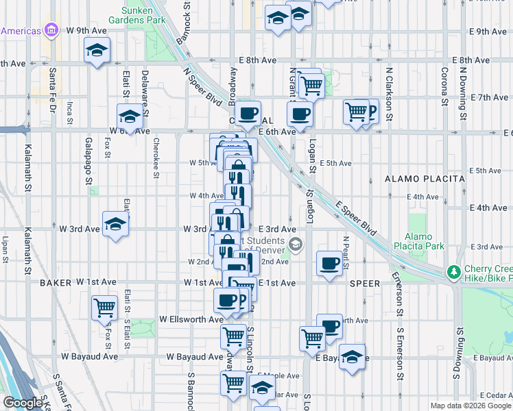 map of restaurants, bars, coffee shops, grocery stores, and more near 358 Lincoln Street in Denver