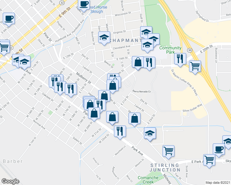 map of restaurants, bars, coffee shops, grocery stores, and more near 465 East 20th Street in Chico