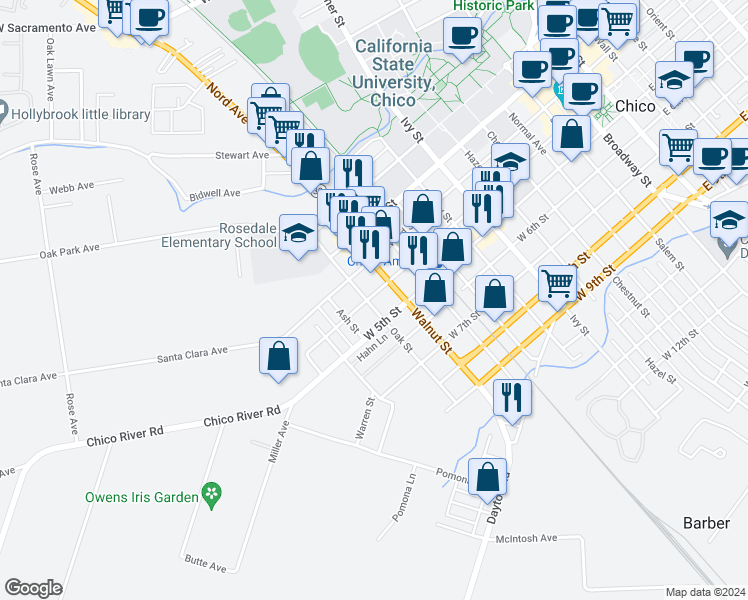 map of restaurants, bars, coffee shops, grocery stores, and more near 1147 West 4th Street in Chico
