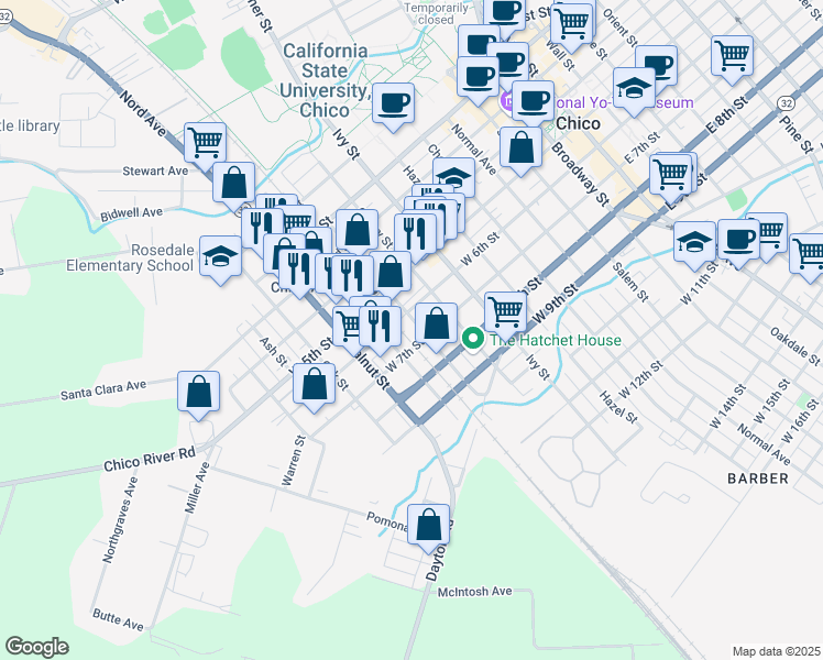 map of restaurants, bars, coffee shops, grocery stores, and more near 600 Orange Street in Chico