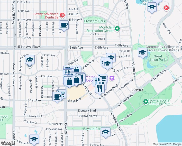 map of restaurants, bars, coffee shops, grocery stores, and more near 175 Rampart Way in Denver