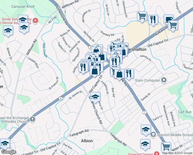 map of restaurants, bars, coffee shops, grocery stores, and more near 4800 Old Capitol Trail in Wilmington