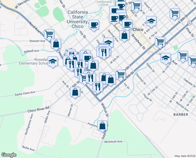map of restaurants, bars, coffee shops, grocery stores, and more near 600 Orange Street in Chico