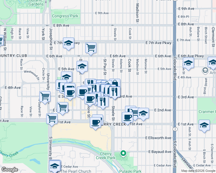 map of restaurants, bars, coffee shops, grocery stores, and more near 330 Saint Paul Street in Denver