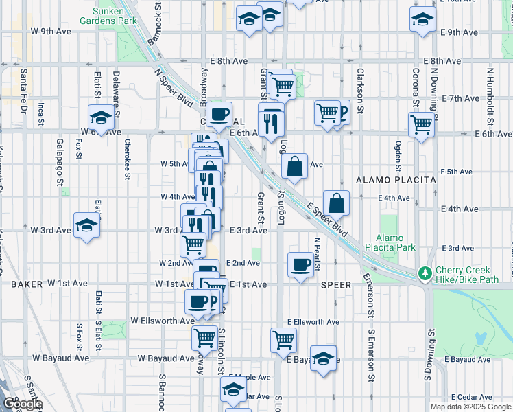 map of restaurants, bars, coffee shops, grocery stores, and more near 320 Grant Street in Denver