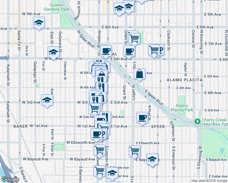 map of restaurants, bars, coffee shops, grocery stores, and more near 324 Sherman Street in Denver