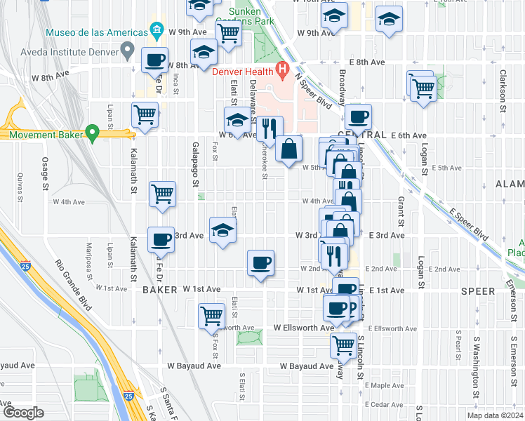 map of restaurants, bars, coffee shops, grocery stores, and more near 331 Cherokee Street in Denver