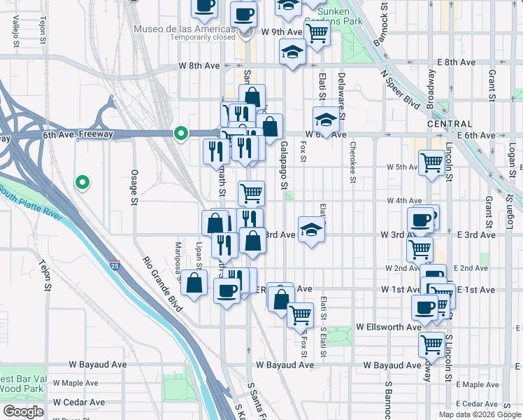 map of restaurants, bars, coffee shops, grocery stores, and more near 332 Santa Fe Drive in Denver