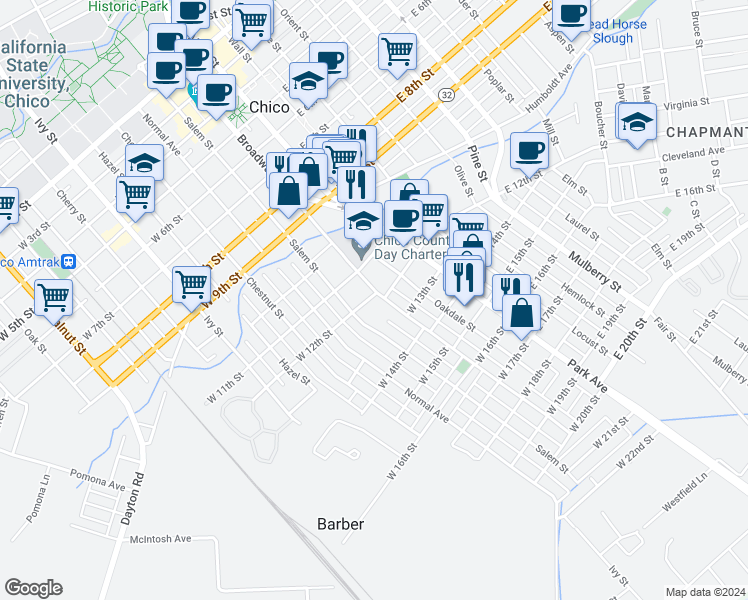 map of restaurants, bars, coffee shops, grocery stores, and more near 1241 Salem Street in Chico