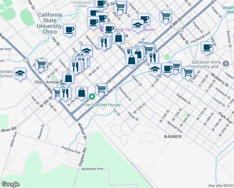 map of restaurants, bars, coffee shops, grocery stores, and more near 942 Hazel Street in Chico
