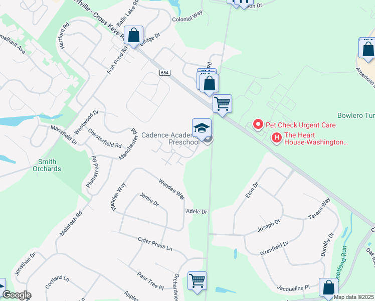 map of restaurants, bars, coffee shops, grocery stores, and more near 2602 Thistledown Court in Washington Township