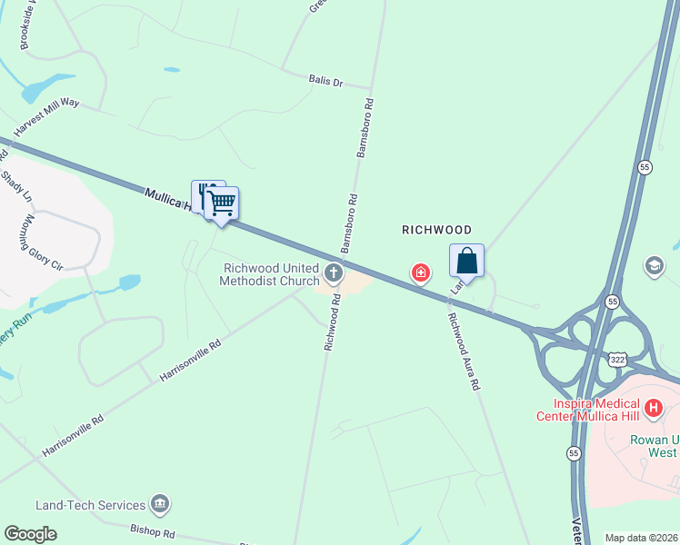 map of restaurants, bars, coffee shops, grocery stores, and more near 104 Richwood Road in Mullica Hill