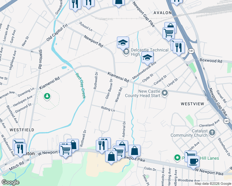 map of restaurants, bars, coffee shops, grocery stores, and more near 208 Wardel Road in Wilmington