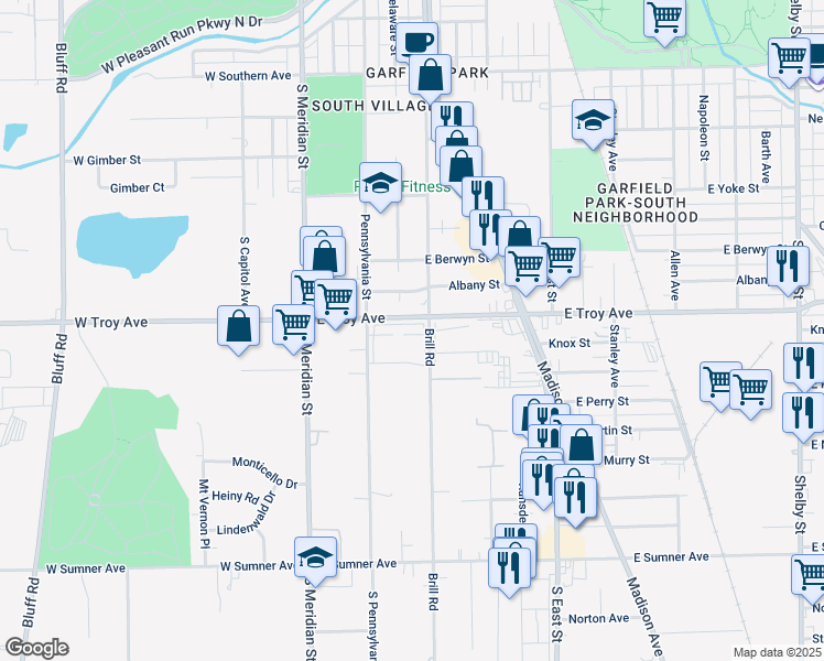 map of restaurants, bars, coffee shops, grocery stores, and more near 310 Teddy Lane in Indianapolis