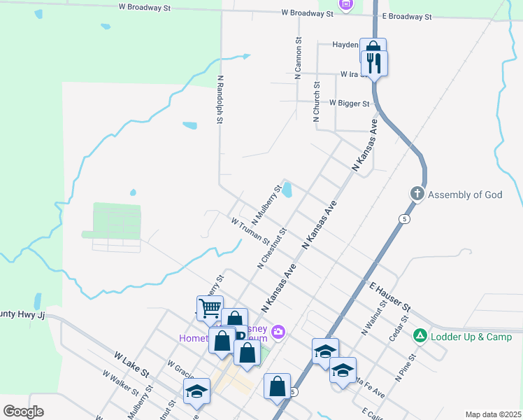 map of restaurants, bars, coffee shops, grocery stores, and more near 816 North Mulberry Street in Marceline