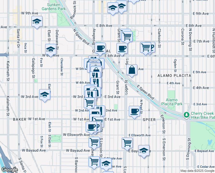 map of restaurants, bars, coffee shops, grocery stores, and more near 324 Sherman Street in Denver