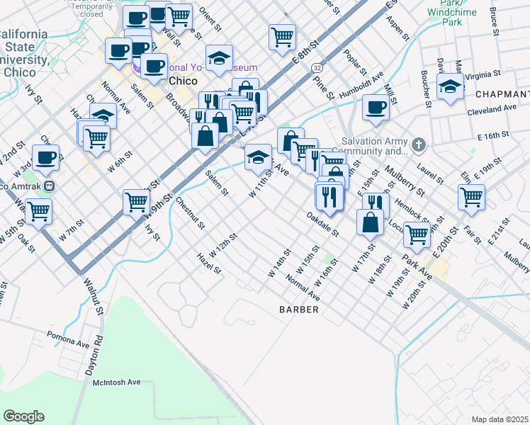 map of restaurants, bars, coffee shops, grocery stores, and more near 1206 Broadway Street in Chico