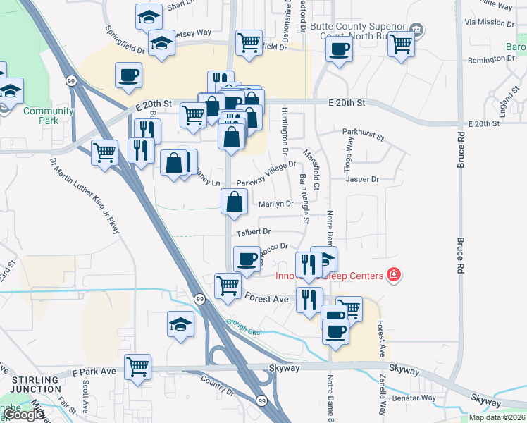 map of restaurants, bars, coffee shops, grocery stores, and more near 2175 Robailey Drive in Chico