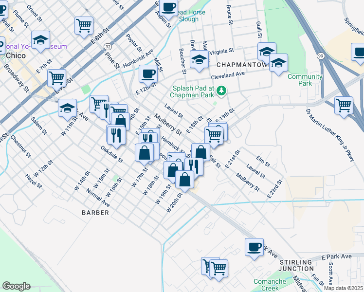 map of restaurants, bars, coffee shops, grocery stores, and more near 1805 Hemlock Street in Chico
