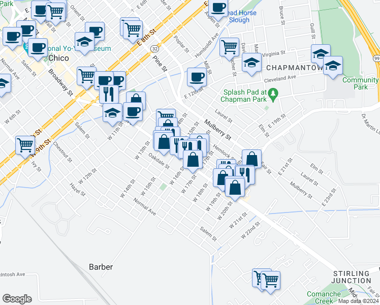 map of restaurants, bars, coffee shops, grocery stores, and more near in Chico