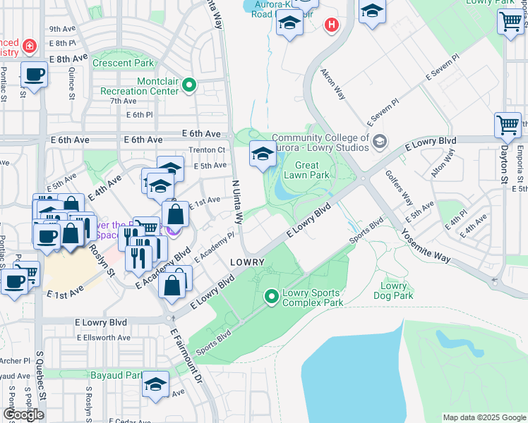 map of restaurants, bars, coffee shops, grocery stores, and more near 84 Uinta Way in Denver
