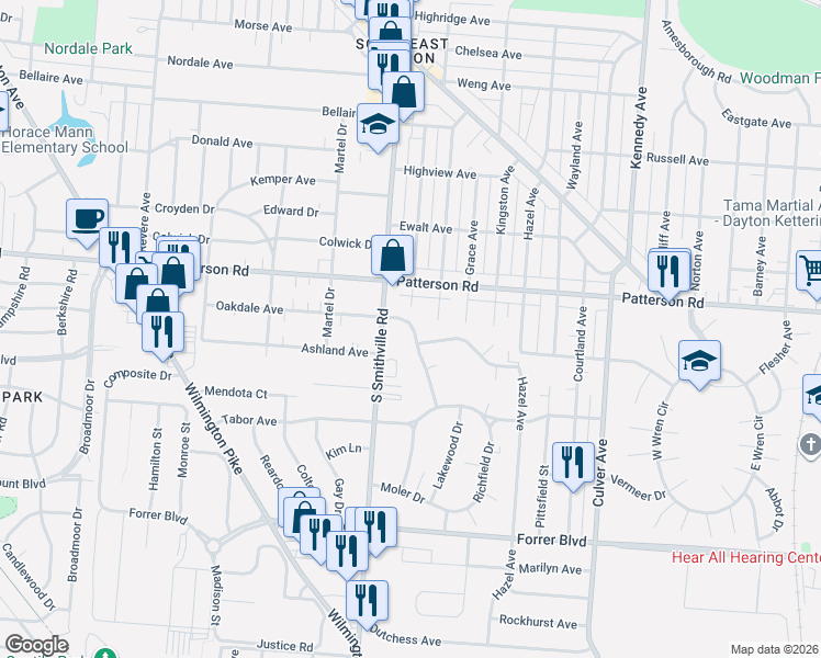 map of restaurants, bars, coffee shops, grocery stores, and more near 1941 Oakdale Avenue in Dayton